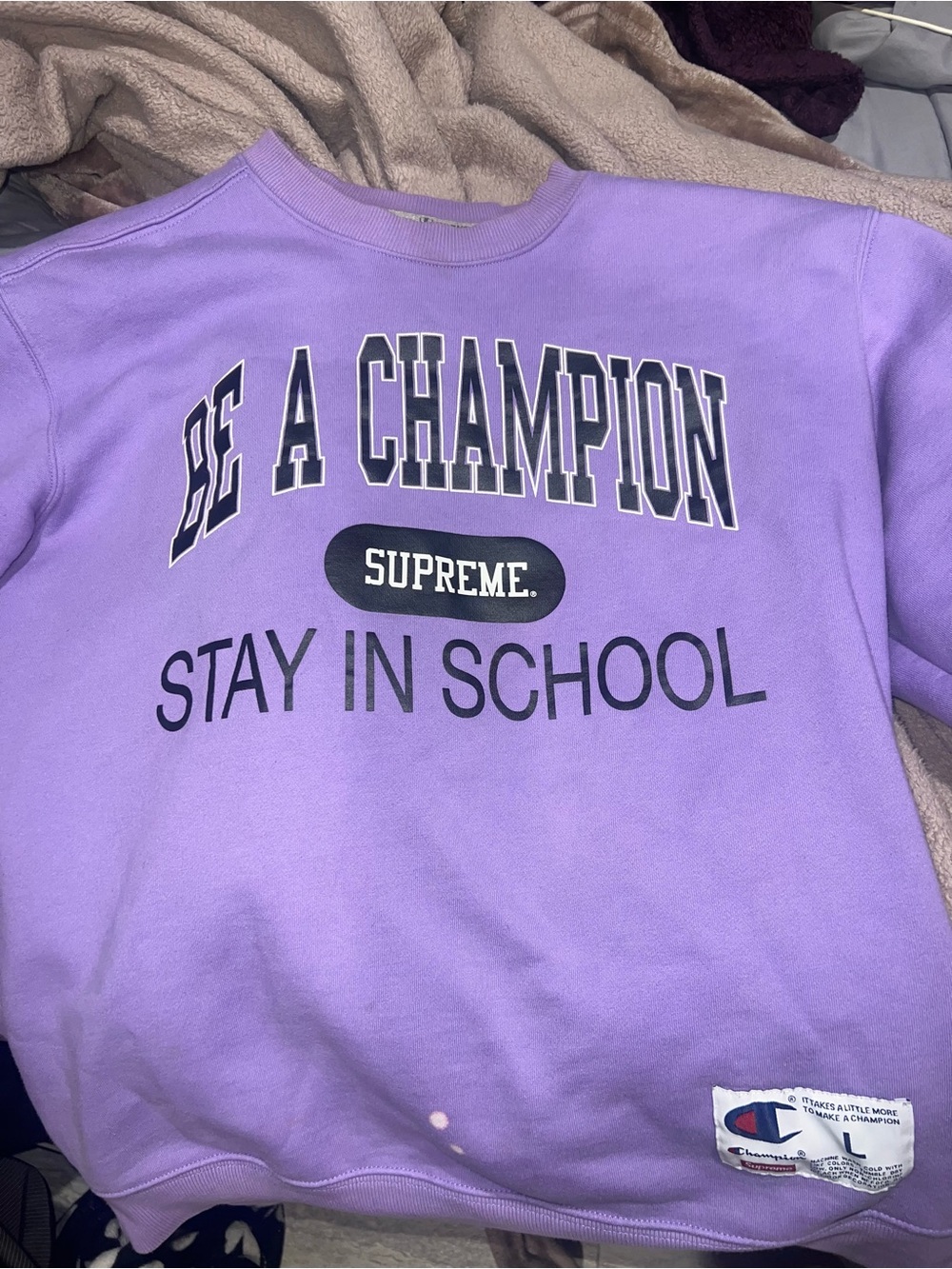 Champion Lavender Crewneck with Grey Interior and Black/White Striping